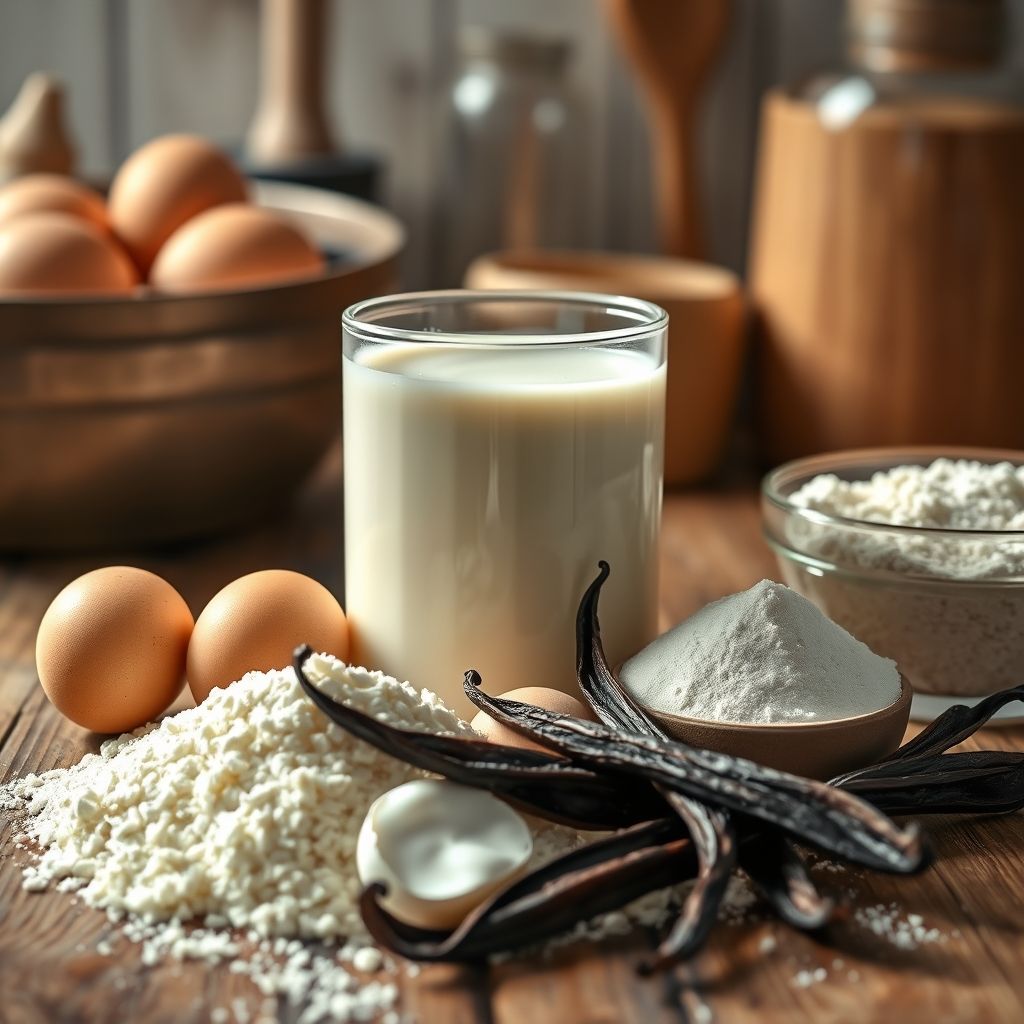 Présentation des ingrédients essentiels pour une crème pâtissière parfaite : œufs frais de poules élevées en plein air, lait entier de qualité, farine fine, sucre de canne non raffiné et gousses de vanille de Madagascar, illustrant notre exigence sur la qualité et la traçabilité.