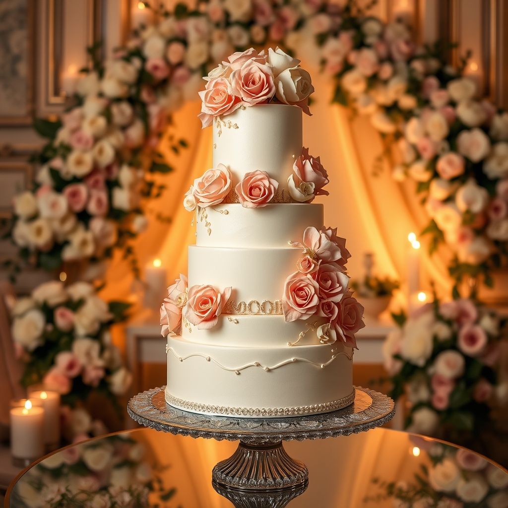 Magnifique gâteau de mariage à cinq étages décoré de fleurs en sucre rose, ivoire et or, présenté sur un plateau en cristal au milieu d’un décor romantique.