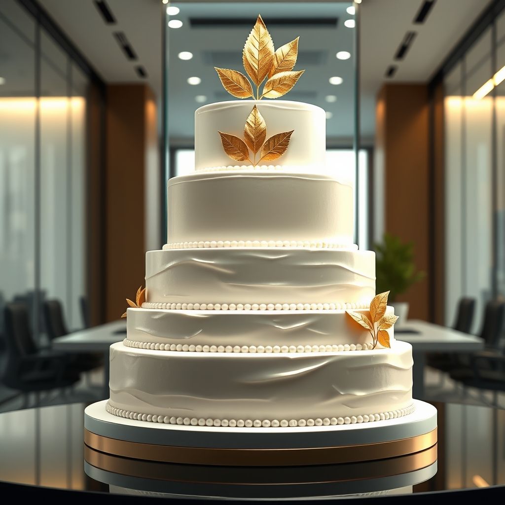 Gâteau d'entreprise élégant à plusieurs étages, avec logo en feuille d'or, présenté dans un cadre professionnel et moderne.