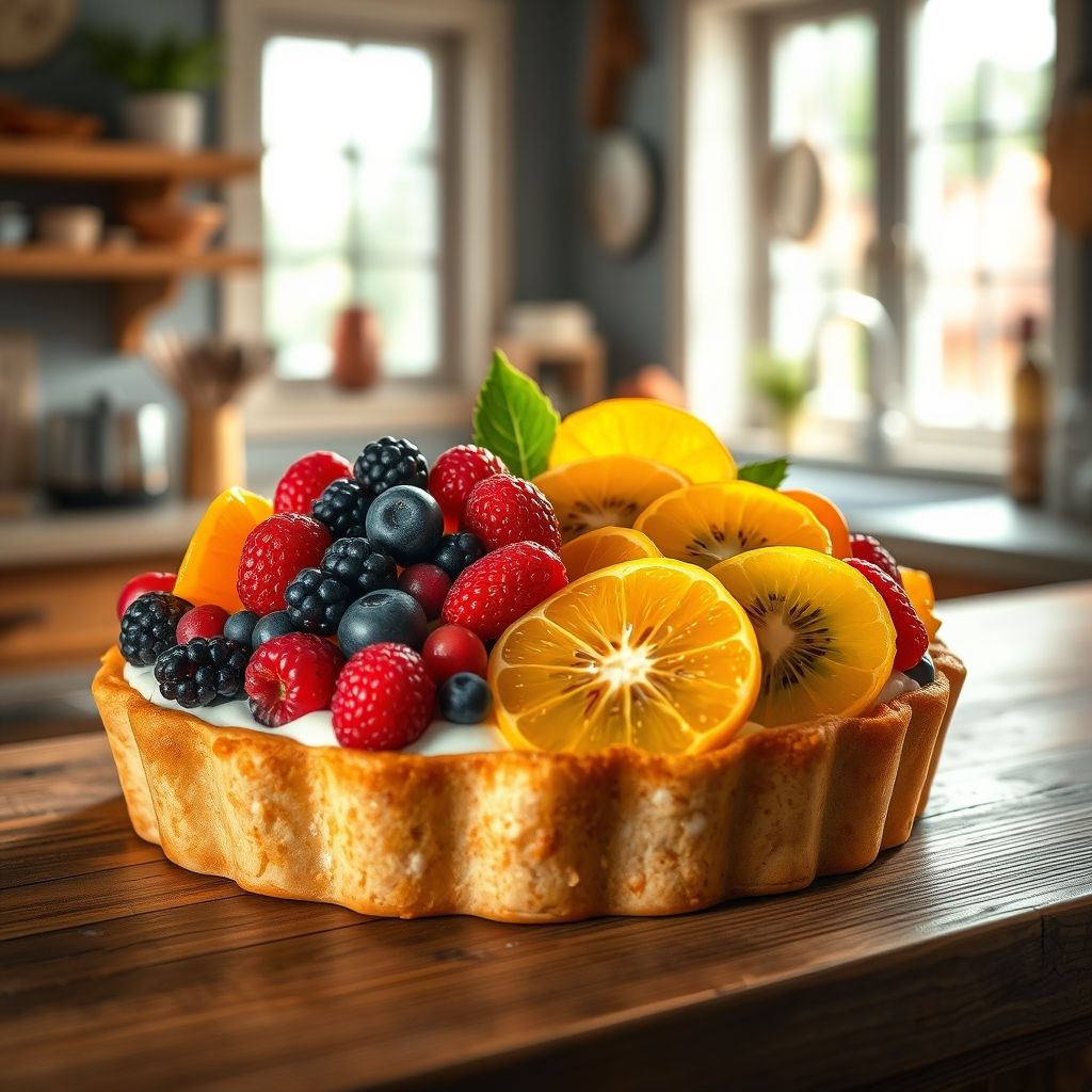 Tarte aux fruits de saison avec pâte croustillante, crème vanille et arrangement artistique de fruits frais, présentée dans une cuisine chaleureuse.