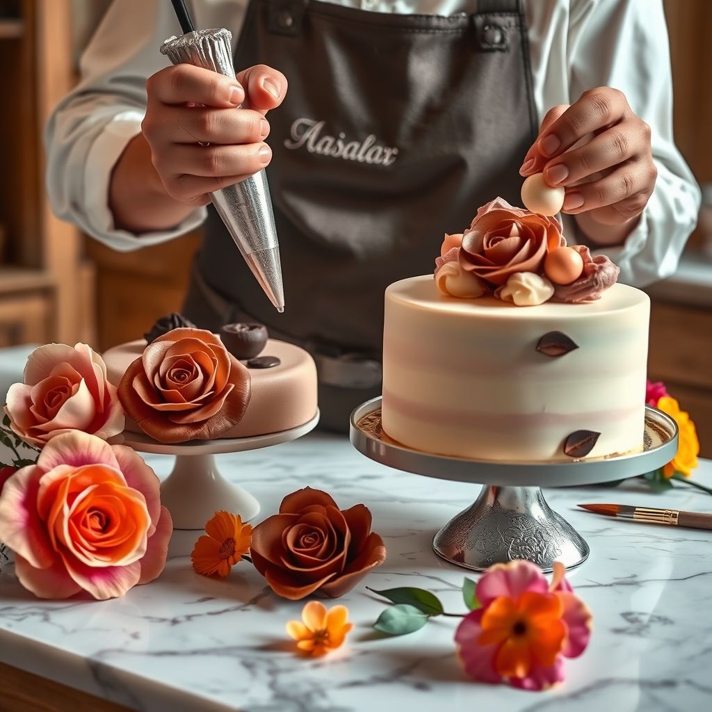 Démonstration des techniques de décoration pâtissière : glaçage au cornet, sculpture en chocolat, fleurs en pâte à sucre, peinture alimentaire, et transfert d'images comestibles, illustrant la créativité et la maîtrise nécessaires pour orner chaque gâteau de façon unique.