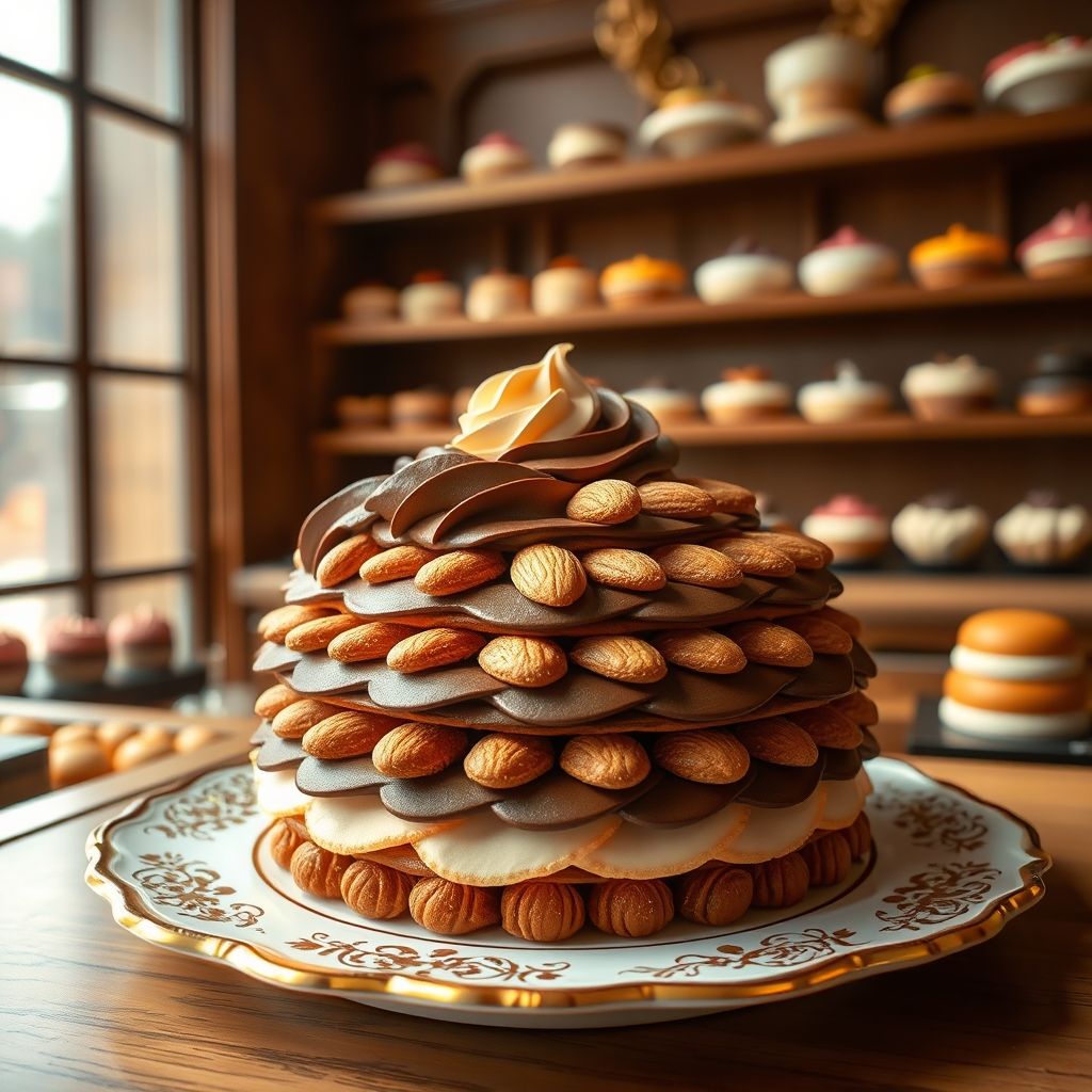 Opéra traditionnel français avec couches précises d'amandes, crème café et chocolat, présenté dans une pâtisserie classique.