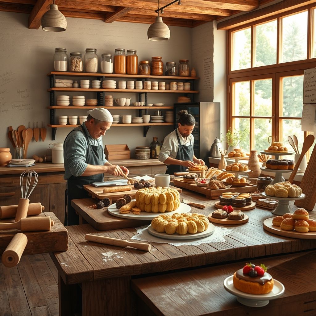 Atelier artisanal chaleureux où la pâtisserie prend vie, avec des artisans passionnés, des outils traditionnels et une ambiance authentique favorisant la créativité culinaire.