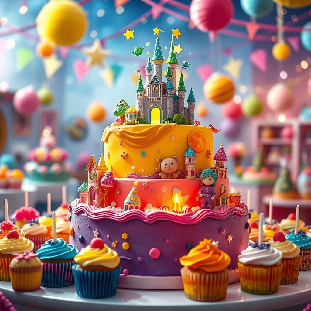 Gâteau d'anniversaire enfant coloré à trois étages, décoré de scènes féériques et spatiales, entouré de cupcakes assortis dans une ambiance festive et joyeuse.