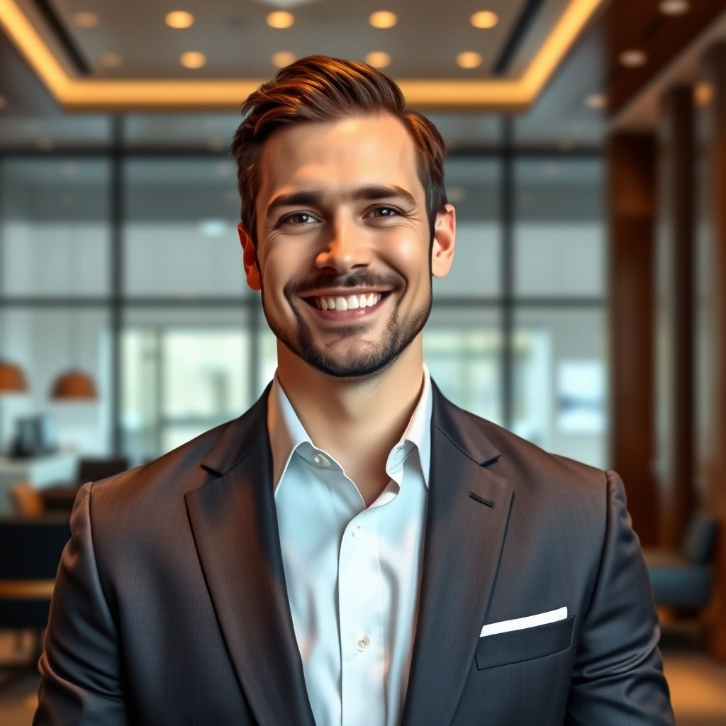 Portrait professionnel d'un client d'affaires, homme bien habillé avec expression satisfaite, dans un environnement d'entreprise élégant.