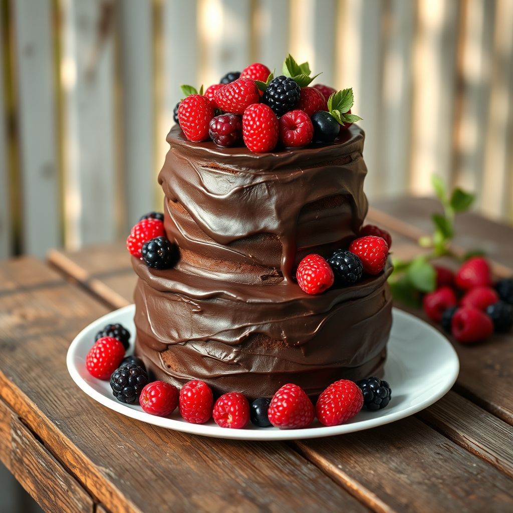 Gâteau au chocolat à trois étages avec assortiment de fruits rouges frais, présenté sur une assiette blanche simple posée sur une table en bois rustique, ambiance chaleureuse et printanière.