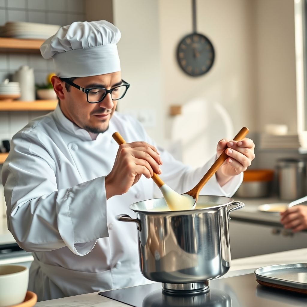 Démonstration pas à pas de la préparation de la crème pâtissière par un pâtissier professionnel, montrant la précision des gestes depuis le chauffage du lait à la cuisson douce en remuant constamment pour obtenir une texture onctueuse et parfaite.