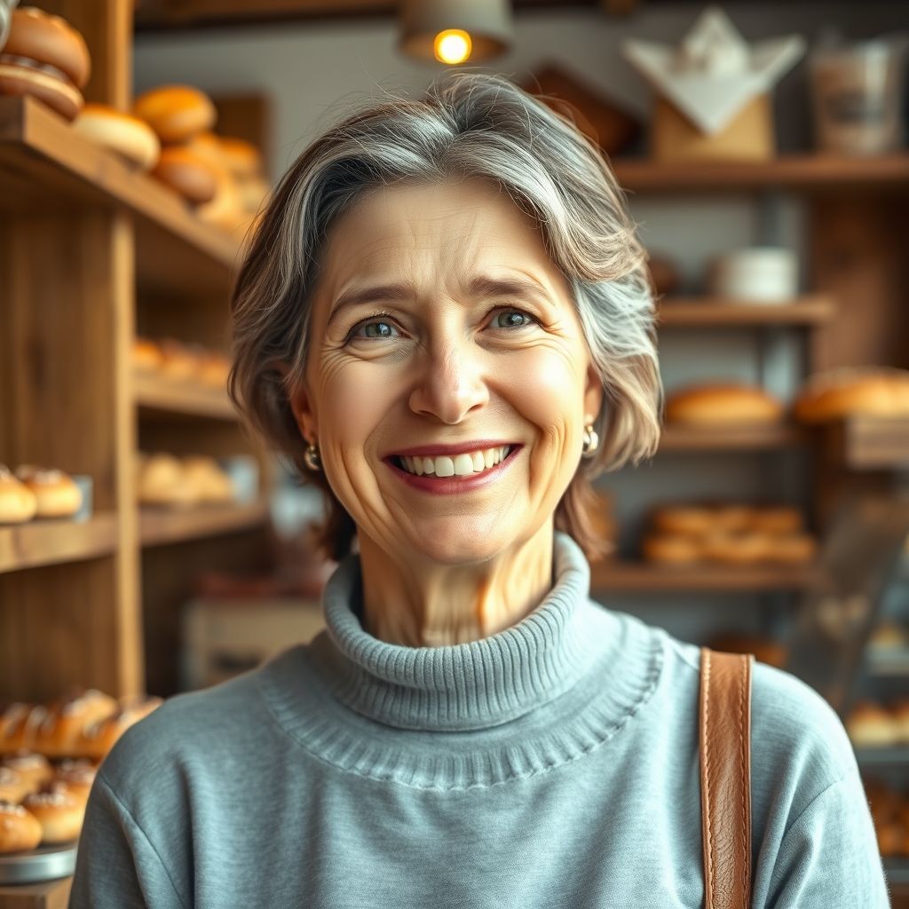 Portrait d'une cliente satisfaite, femme d'âge moyen avec un sourire chaleureux, dans un cadre authentique de pâtisserie.