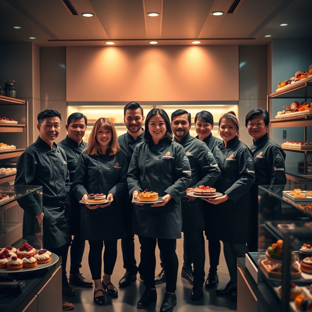 Équipe passionnée et soudée de gloriatimea, un groupe de professionnels partageant une vision d’excellence et de créativité dans la pâtisserie française.