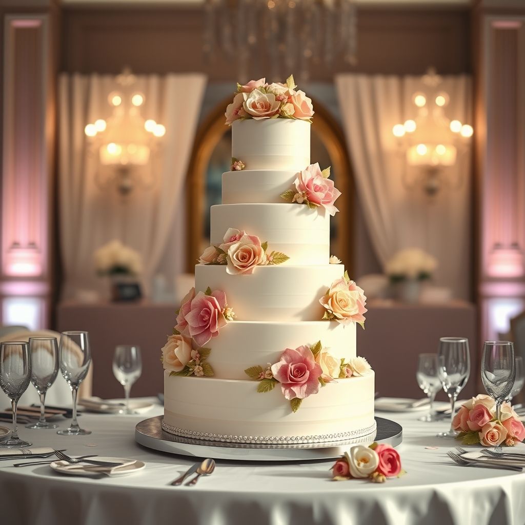 Gâteau de mariage personnalisé à cinq étages, décoré de fleurs en sucre raffinées, présenté dans un cadre élégant et sophistiqué.