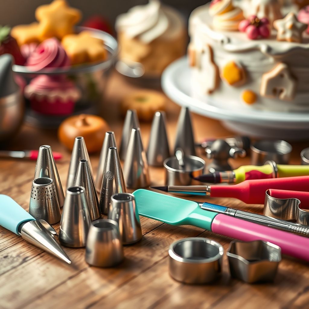 Collection d'outils de décoration pâtissière, incluant cornes à pâtisserie, spatules, pinceaux alimentaires et emporte-pièces, illustrant la diversité des instruments créatifs utilisés pour transformer un gâteau en œuvre d'art comestible avec précision et savoir-faire.
