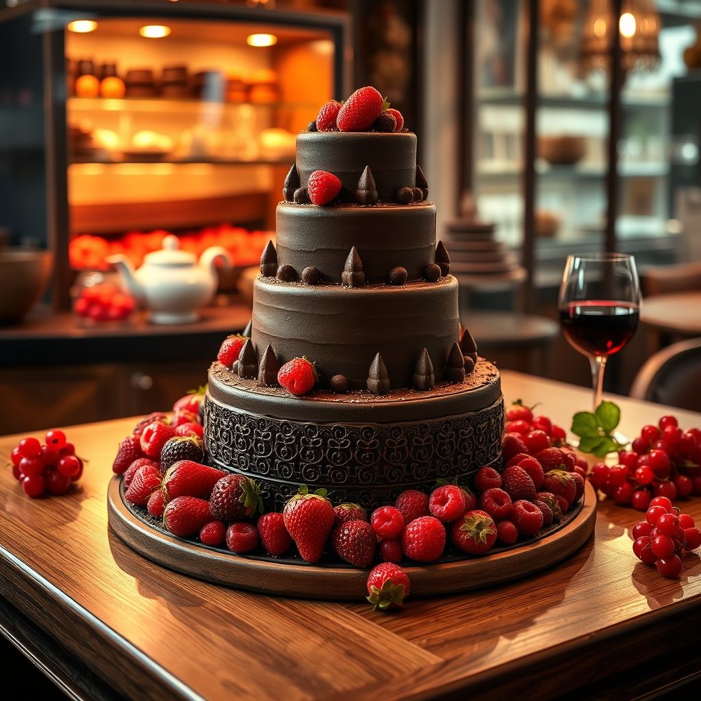 Vitrine d’une pâtisserie française élégante avec un gâteau au chocolat à plusieurs étages, décoré avec soin, entouré de fruits rouges frais et présenté sur une table en chêne. Ambiance chaleureuse d’un bistrot parisien avec éclairage doux et objets classiques, capturée par une photographie professionnelle mettant en valeur chaque détail du dessert et de sa présentation sophistiquée.