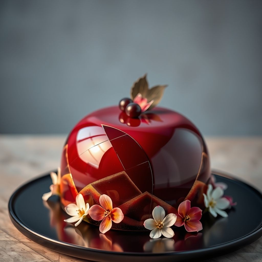 Entremets moderne avec glaçage miroir aux nuances bordeaux et or, décor géométrique et élégant, présenté sur un plateau noir avec fleurs comestibles.