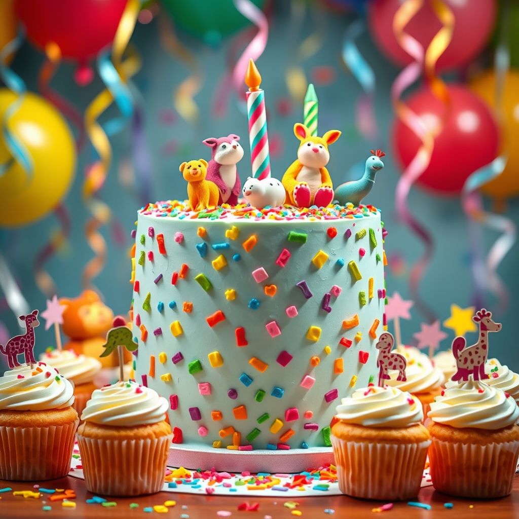 Gâteau d’anniversaire enfant coloré et thématique, décoré de animaux en pâte à sucre, de confettis comestibles et de cupcakes assortis, dans une ambiance festive et joyeuse.