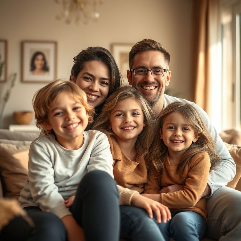 Portrait d'une famille heureuse, parents jeunes avec deux enfants souriants, dans un cadre familial chaleureux.