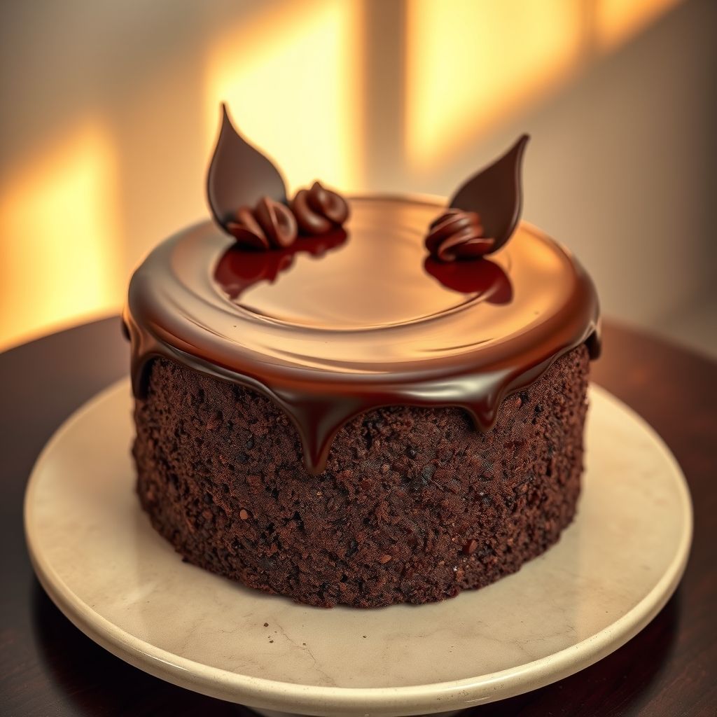 Gâteau au chocolat raffiné avec ganache lisse et décor chocolaté, présenté sur une assiette beige clair, ambiance douce et sophistiquée.