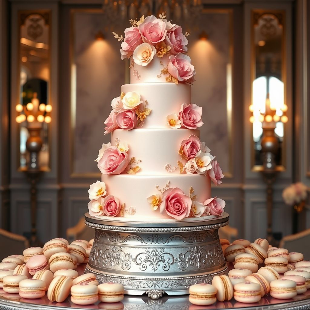 Gâteau de mariage luxueux à cinq étages, décoré de fleurs en sucre dans des tons rose, ivoire et or, accompagné de 50 macarons assortis, présenté dans un cadre élégant et sophistiqué.