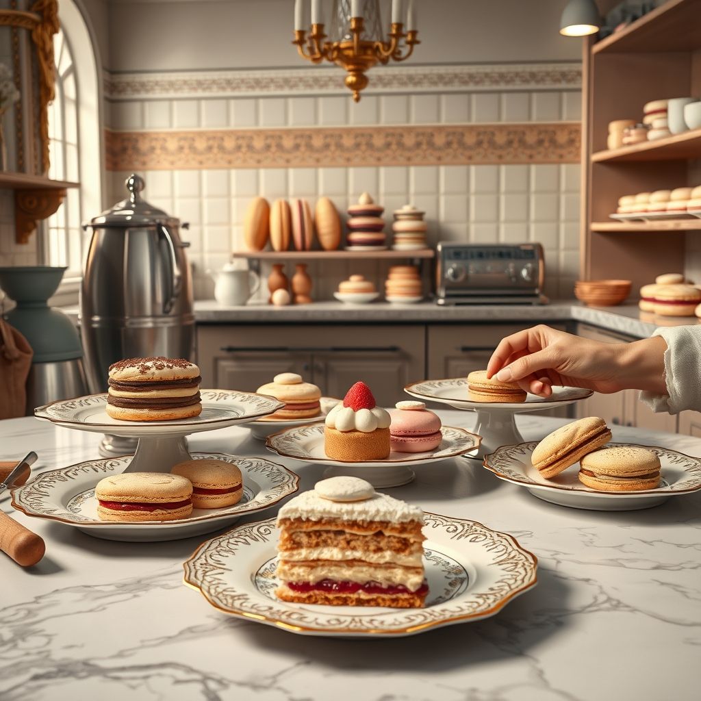 Une plongée visuelle dans l'histoire de la pâtisserie française, montrant des créations classiques, des outils traditionnels et des techniques ancestrales qui ont façonné cet art culinaire au fil des siècles. L'image évoque l'ambiance élégante des cuisines royales et l'évolution vers un artisanat moderne, illustrant la richesse du patrimoine pâtissier français.