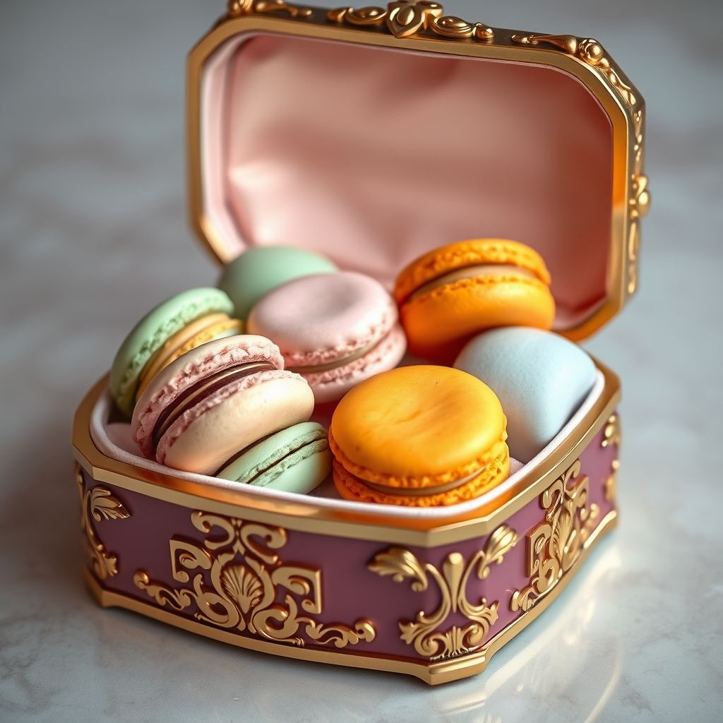 Collection de macarons français dans une boîte luxueuse, aux couleurs variées et aux saveurs classiques et innovantes.