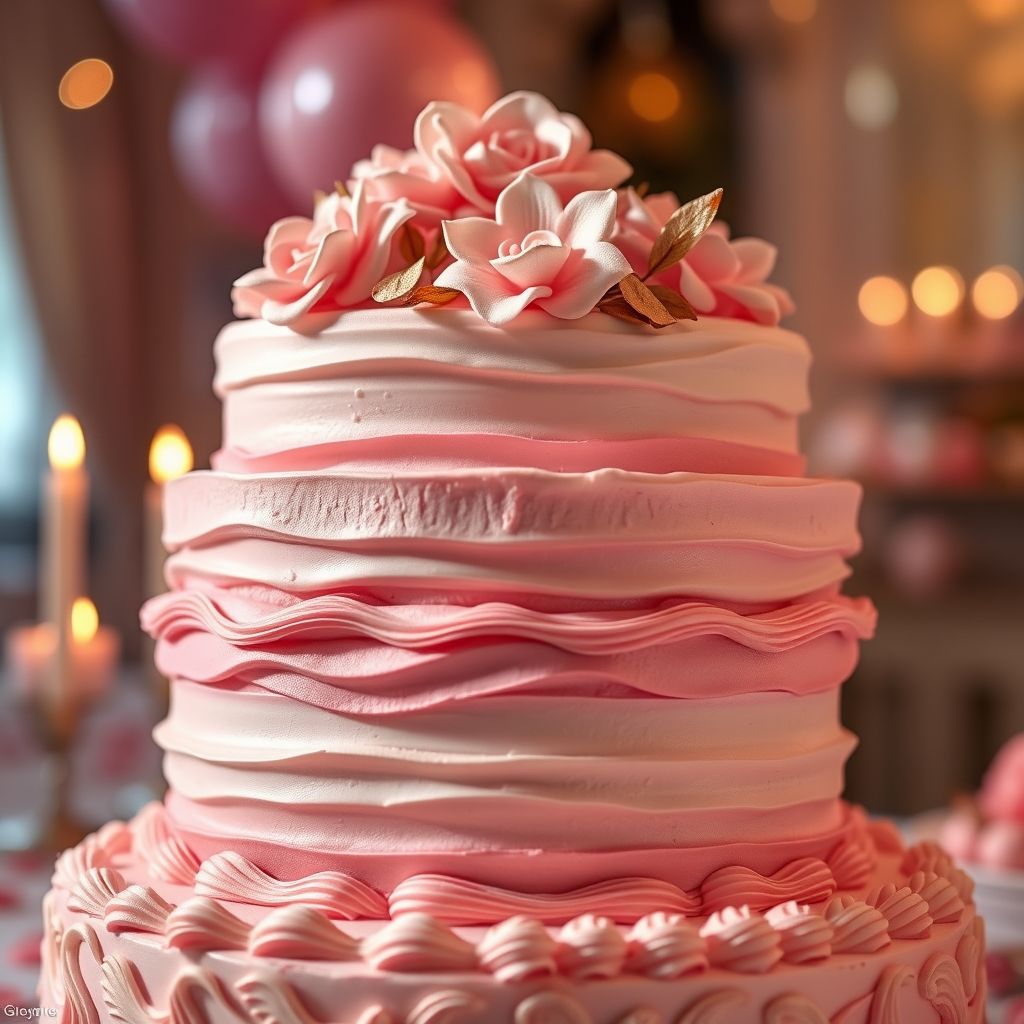 Gâteau à plusieurs couches avec nuances de rose et blanc, décoré avec soin, évoquant une atmosphère festive et douce.