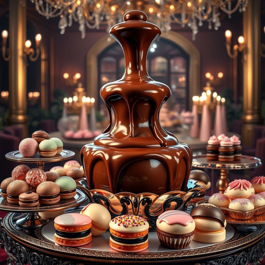 Tour de desserts festifs avec fontaine au chocolat, truffes, macarons et éclairs, dans une ambiance luxueuse.